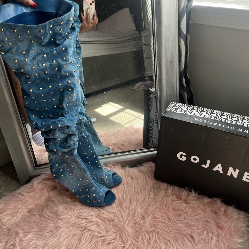 GoJane Denim Blue Studded Over the Knee Boots